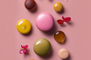 Colorful macarons and fresh flowers on a pink background creatin, a Photo by Studio ANNA