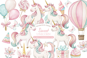 Sweet Unicorn Watercolor Clipart, an Illustration by MockupWizard