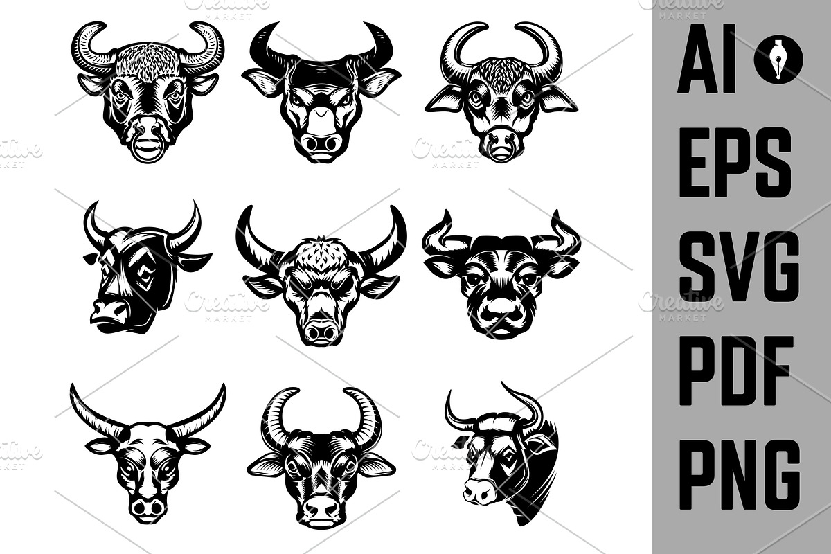 Set of bull heads isolated on white, an Animal Illustration by Vectorhight (Photo 1 of 4)