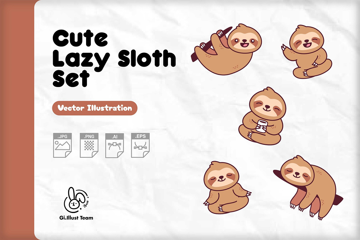 Cute Lazy Sloth Set., an Animal Illustration by Isnanstuff (Photo 1 of 2)