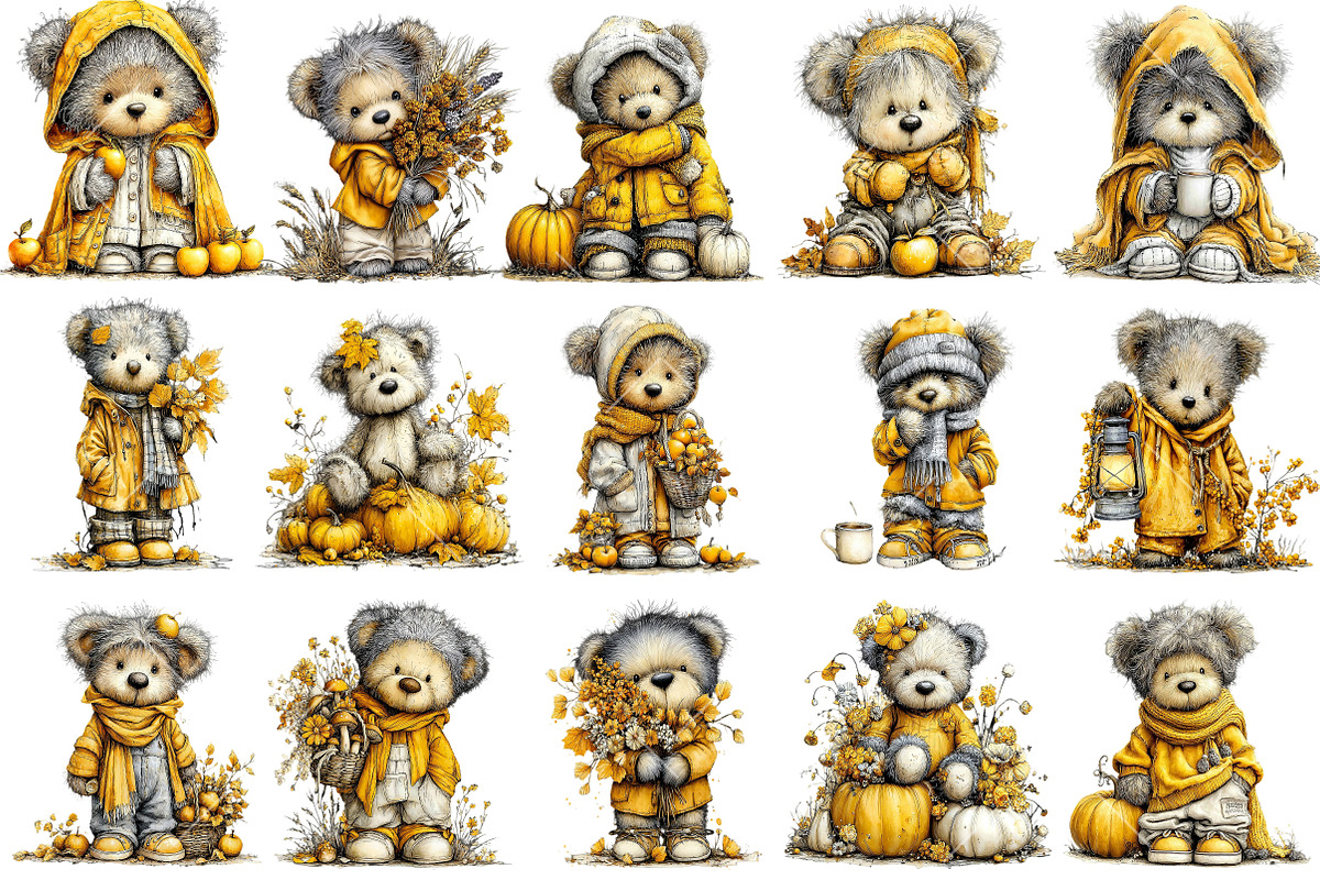 Autumn Teddy Bear Clipart Set, an Illustration by OK Design (Photo 3 of 6)