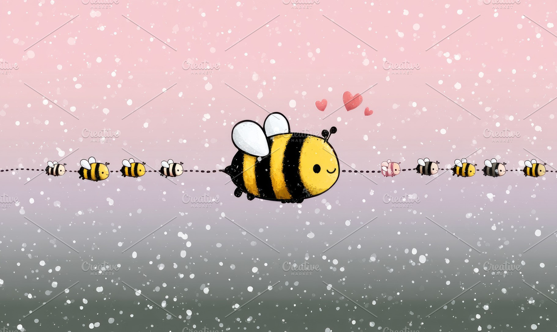 Cute Cartoon Bumblebee Family Flying Inline with Hearts on Pink, a Nature Photo by José Manuel Gelpi