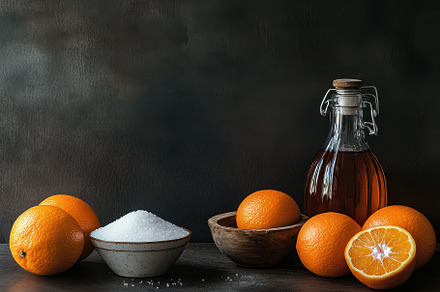 Still life of oranges, syrup bottle,, a Photo by Iftikhar Alam