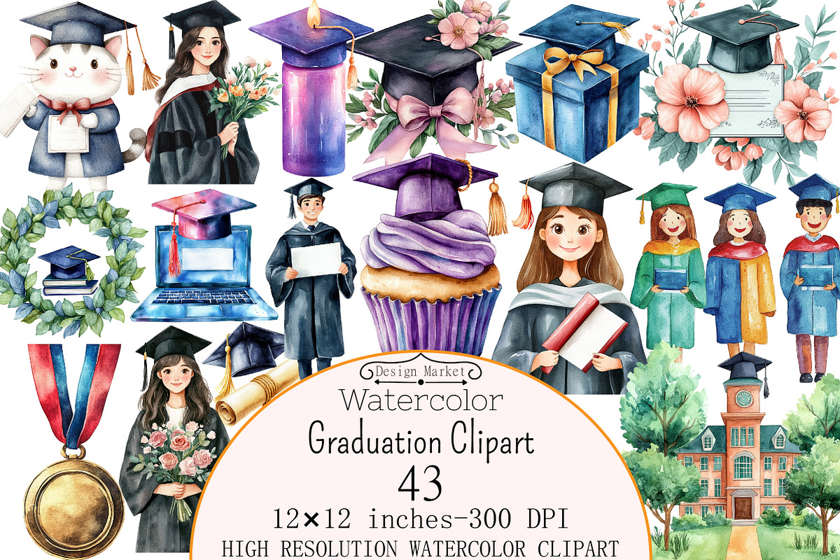 Watercolor Graduation Clipart, a Seasonal Illustration by Design Market (Photo 1 of 5)