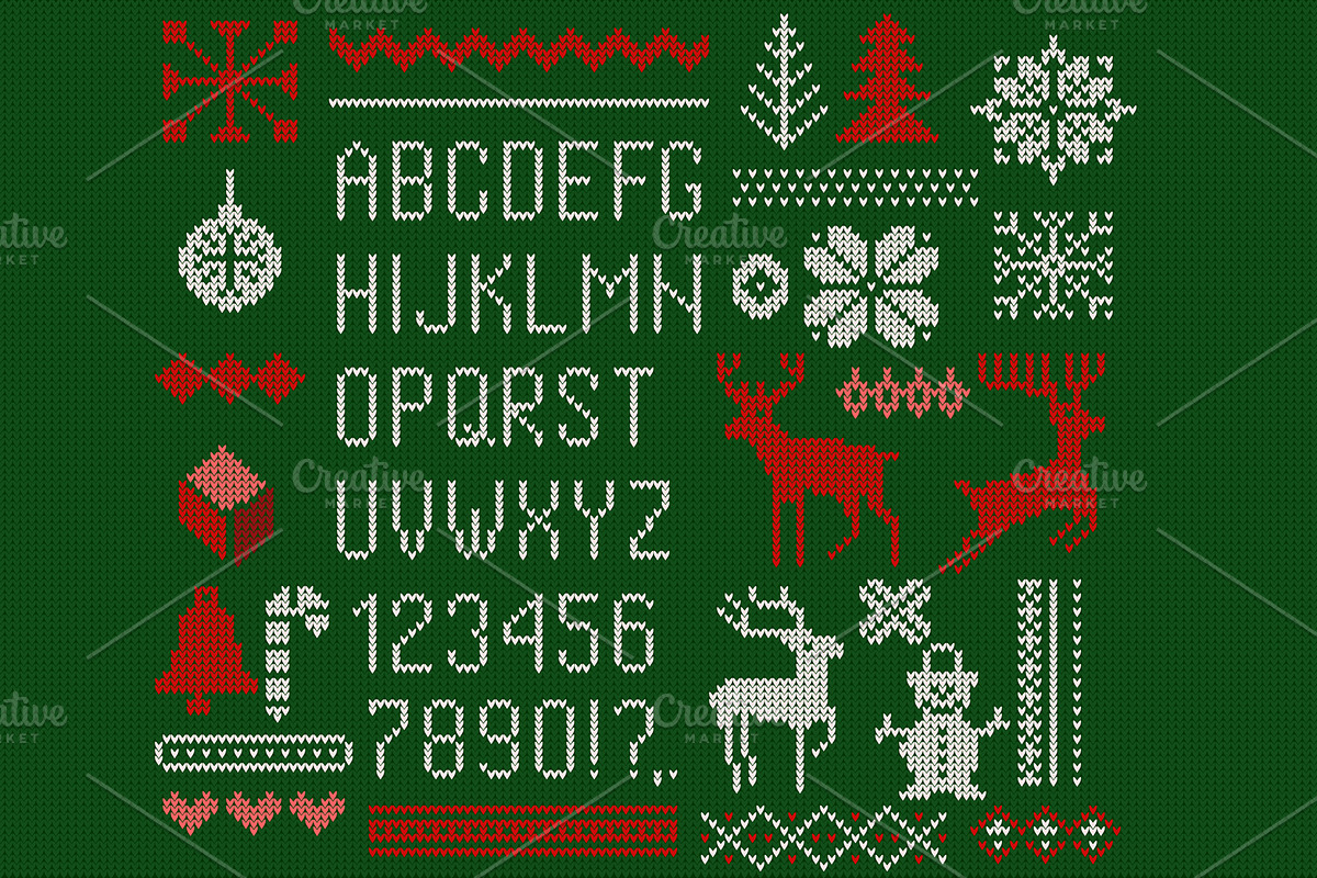 Knitted font, elements and borders., a Symbol Font by Vector photo shop