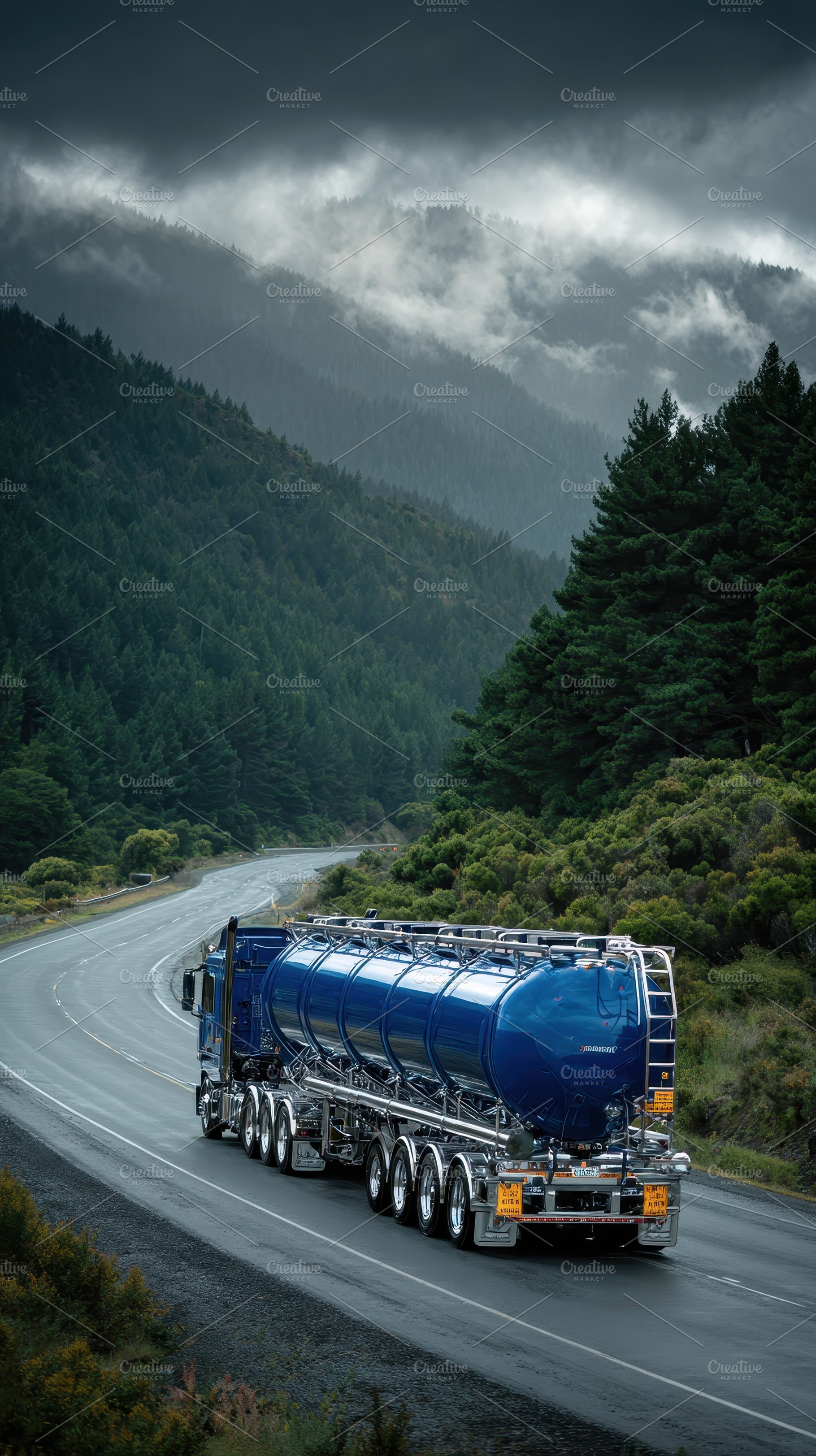 Blue tanker truck on mountain road m, a Photo by Pixeness Studio
