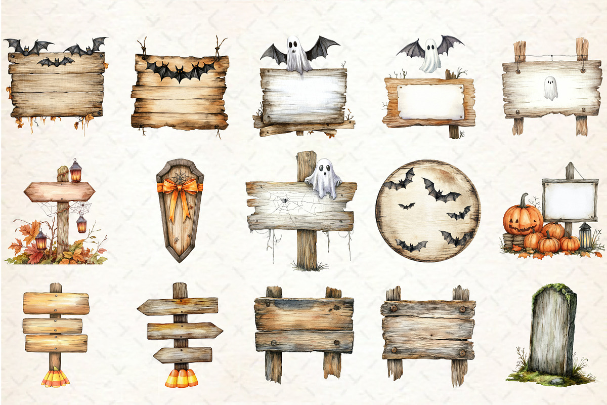 Halloween Wood Sign Clipart, an Illustration by Rose Art (Photo 2 of 7)