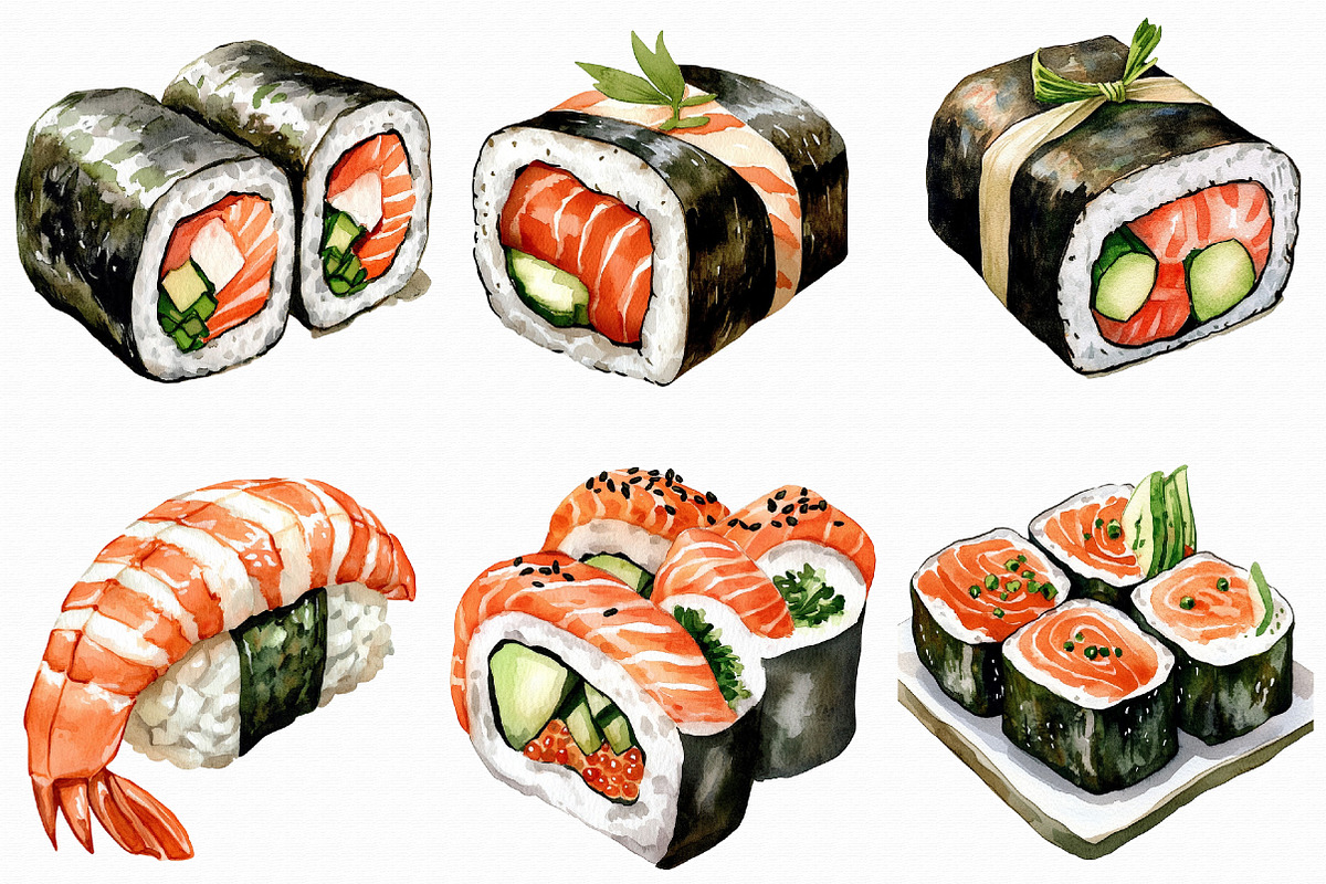 Watercolor Sushi Clipart Bundle, an Illustration by Libby Wishes (Photo 6 of 7)