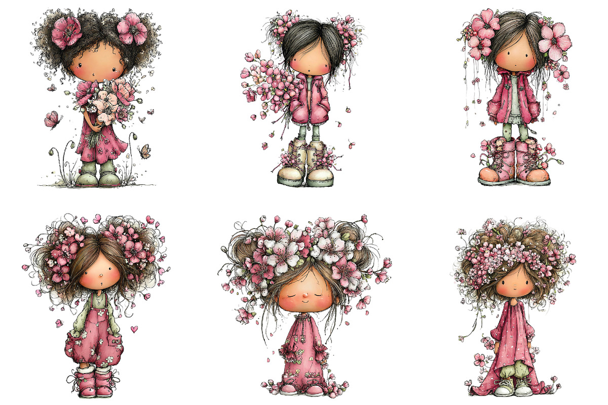 Whimsical Girl Flower Spring Clipart, an Illustration by CraftArtStudio (Photo 6 of 6)