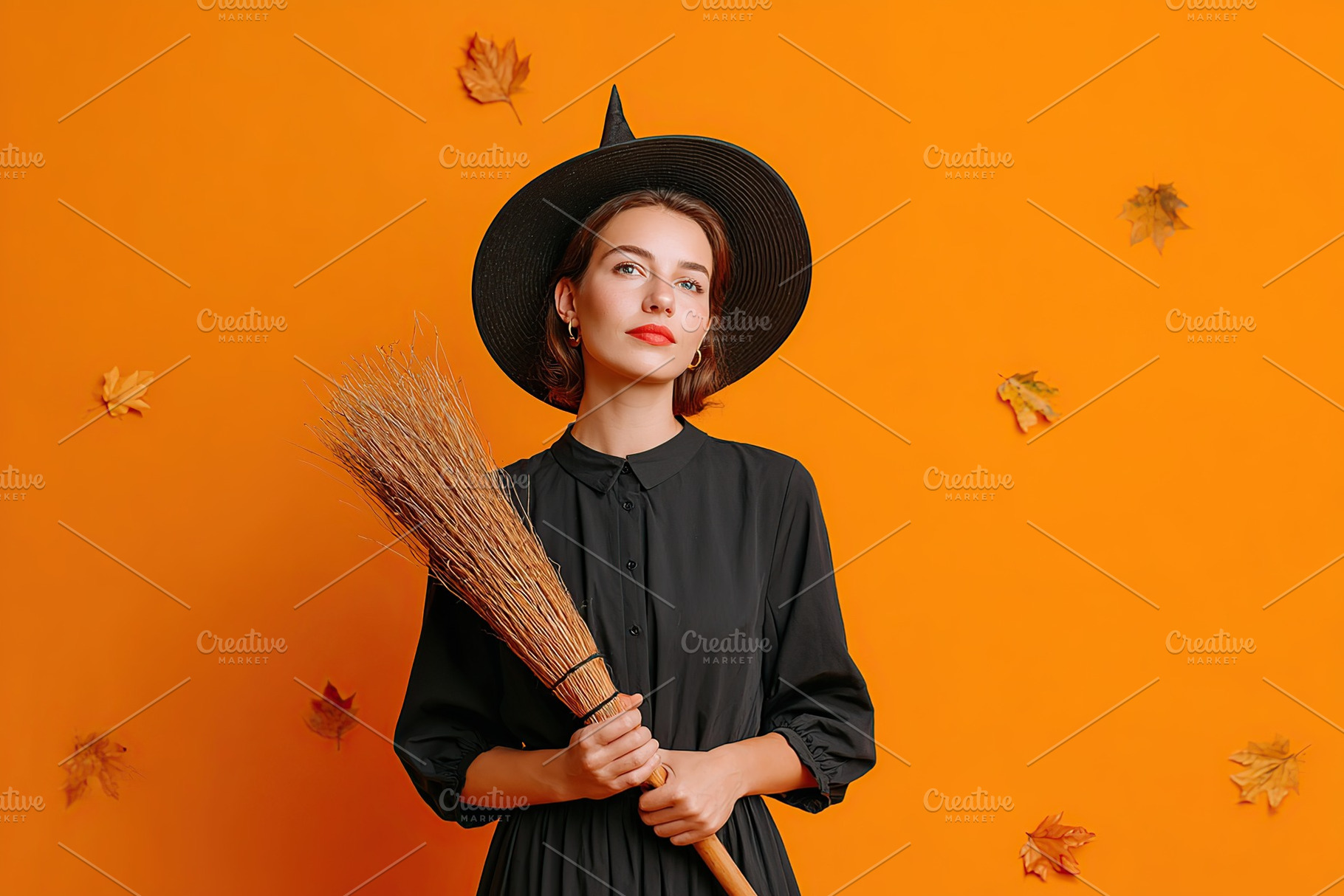 Woman holding broom in witch costume with autumn leaves on vibrant orange backg, a Person Photo by AlyaAnd