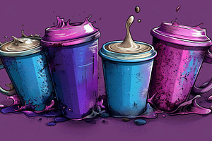 Colorful splashes of purple and blue with artistic drink cups create a vibrant, a Background Photo by ImageMir