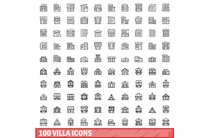 100 Villa Icons Set, Outline Style