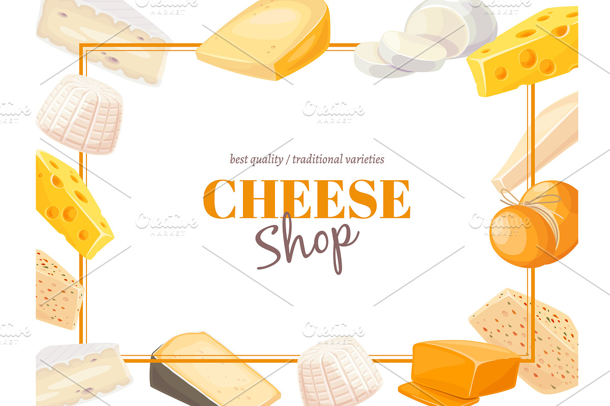 Cheese types frame. Delicious food, a Food Illustration by YummyBuum