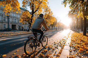 Cyclist in light jacket rides along tree-lined street covered with autumn leave, a Photo by AlyaAnd