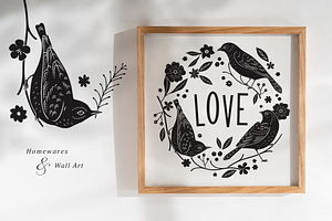 Birds & Blooms Vector Linocut Set