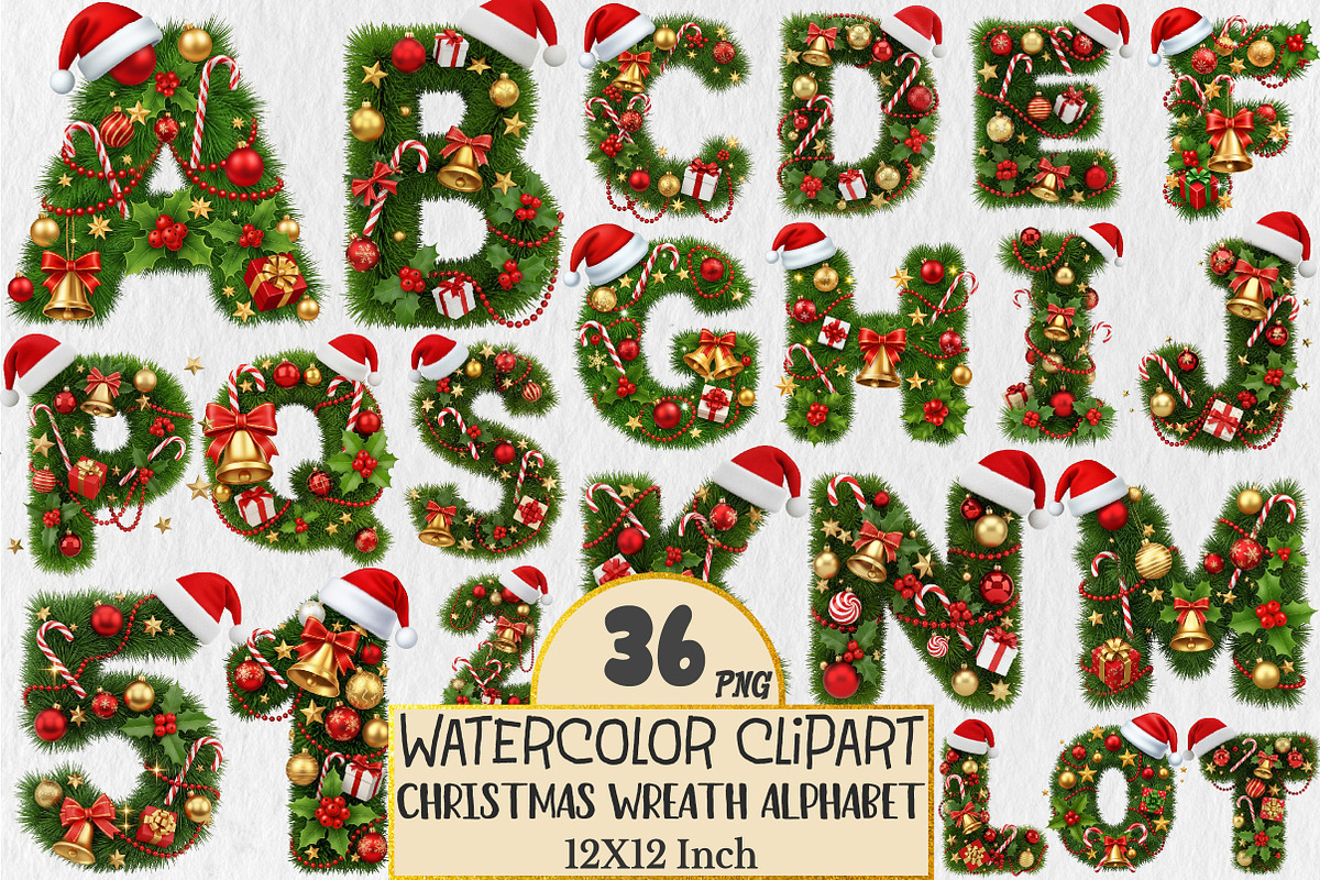 Christmas Wreath Alphabet Sublimatio, a Seasonal Illustration by Rose Art (Photo 1 of 4)