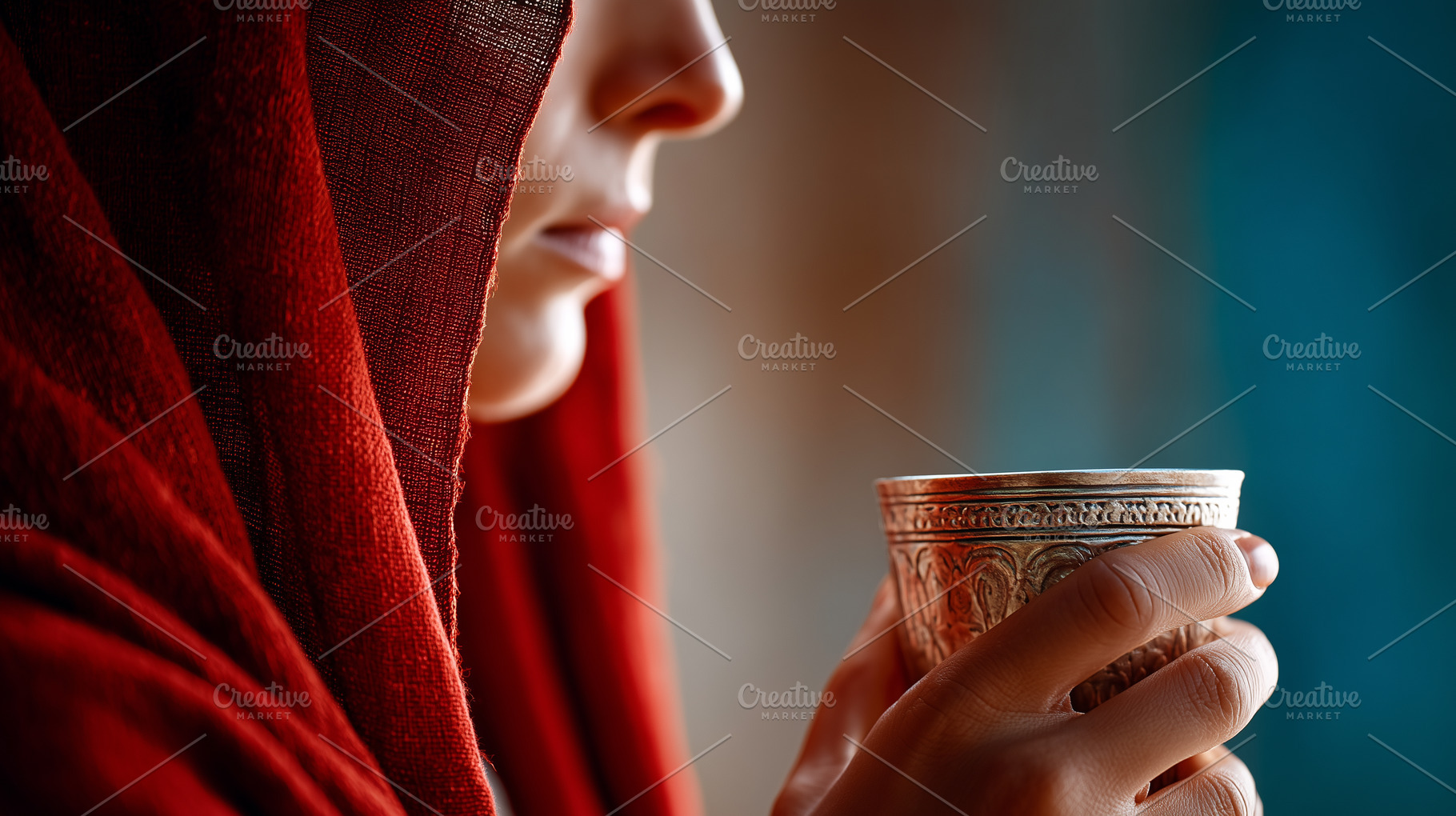 Woman in a red veil holding cup, a Person Photo by MistyDay