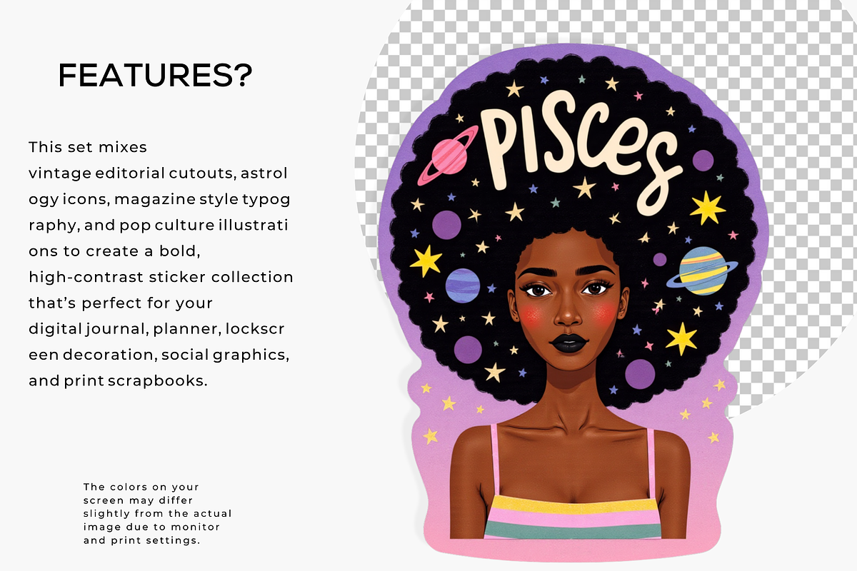 Pisces Editorial Sticker Set, a Person Illustration by Jakayla Digital Co (Photo 2 of 10)
