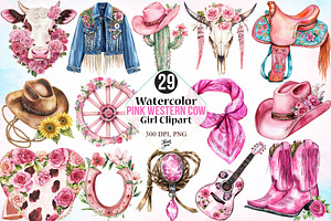 Watercolor Pink Western Cow Girl PNG, a Seasonal Illustration by Canvas Craft