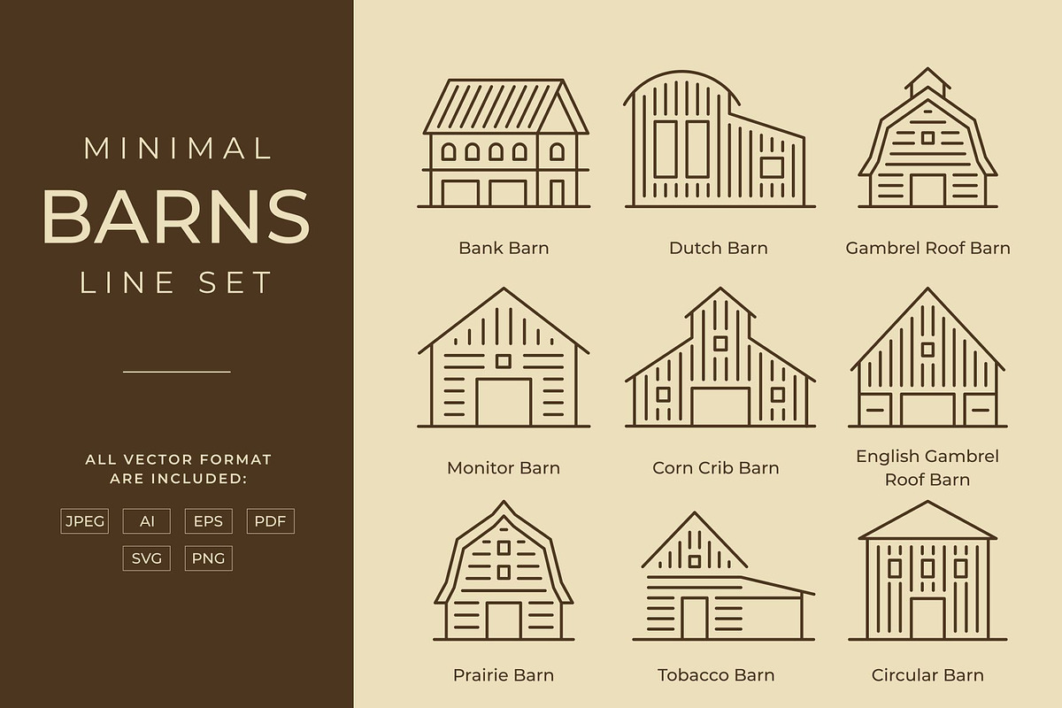 Type of Barns Line Set, an Outline Icon by Buqancreative (Photo 1 of 10)