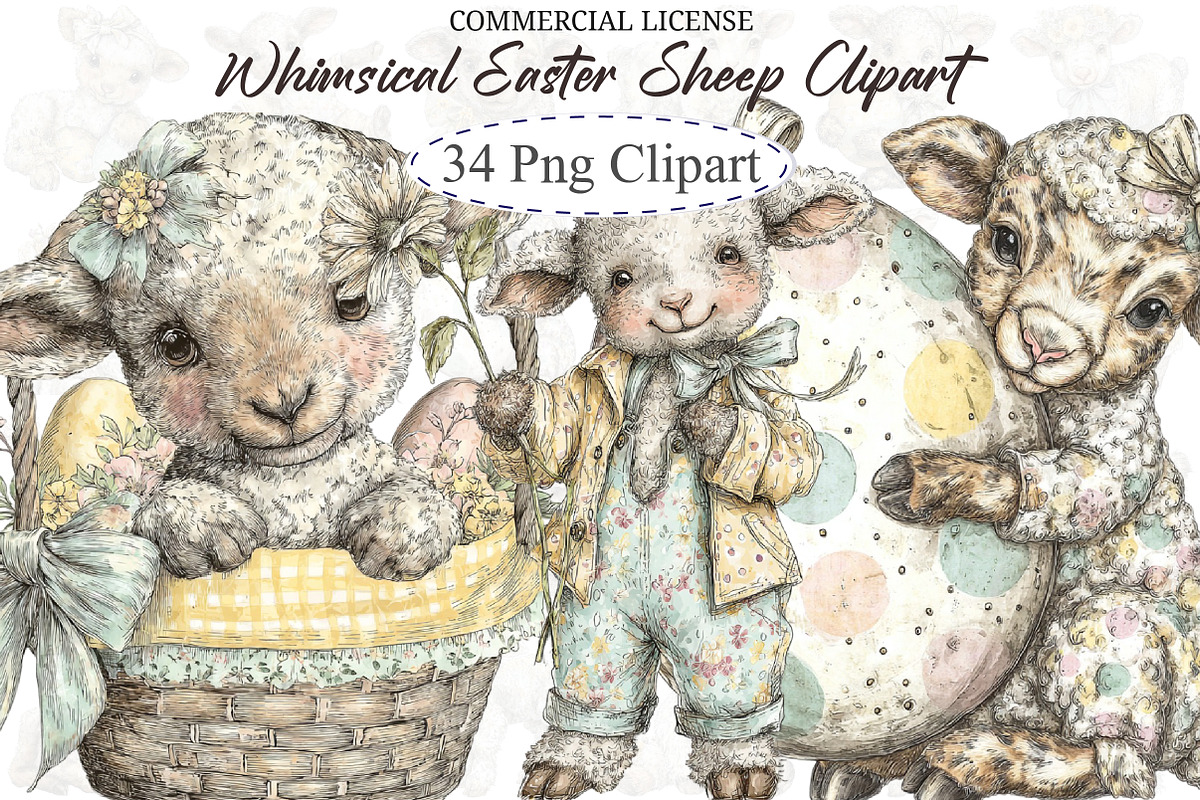 Whimsical Easter Sheep Clipart, an Illustration by designcity5 (Photo 1 of 5)