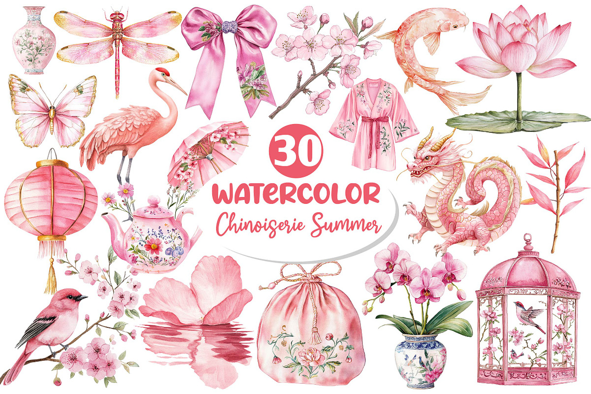 Pink Chinoiserie Summer Clipart, an Illustration by Dream Creation (Photo 1 of 6)