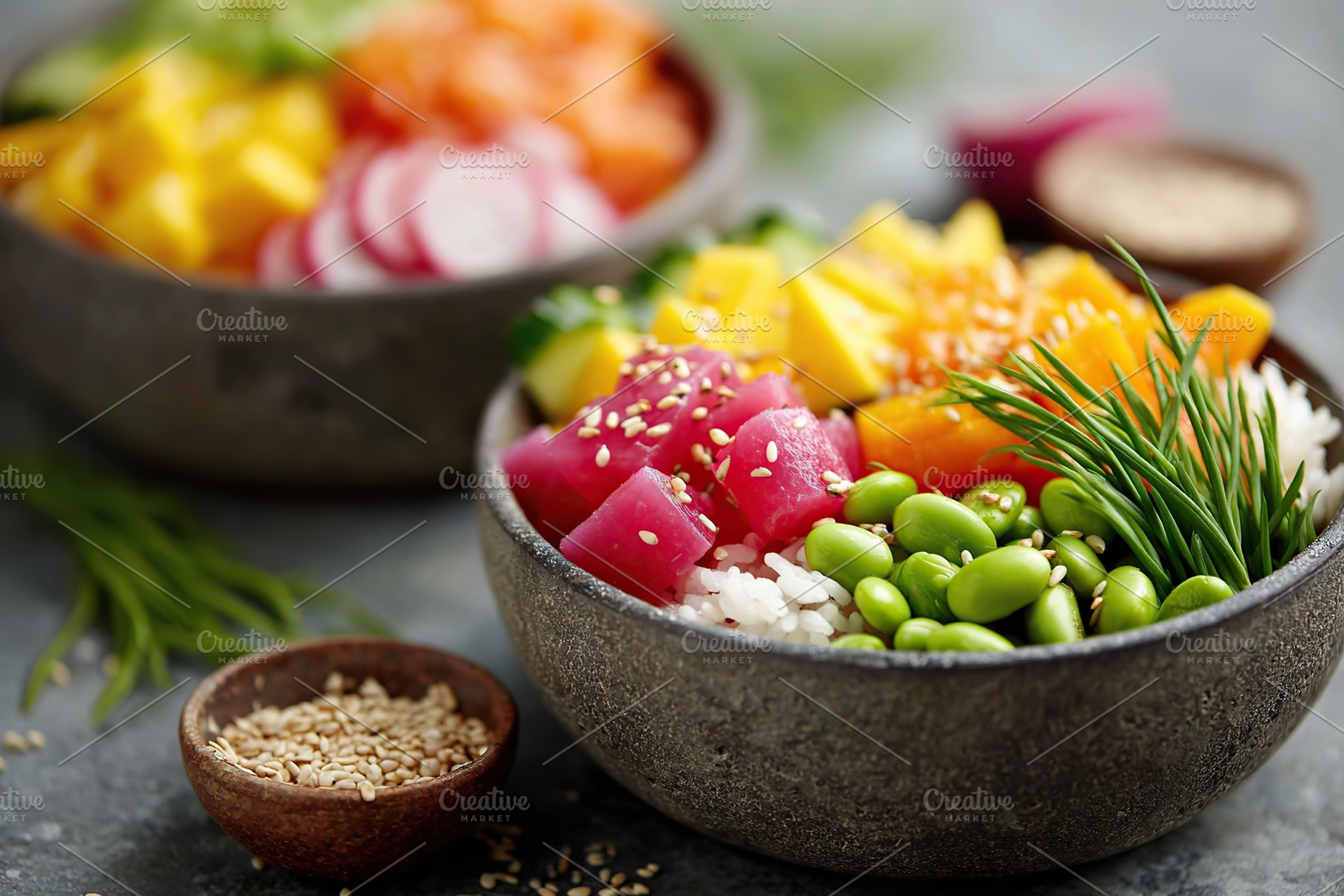 Colorful vegan poke bowl with rice and mango served in a rustic bowl, a Food & Drink Photo by AlyaAnd