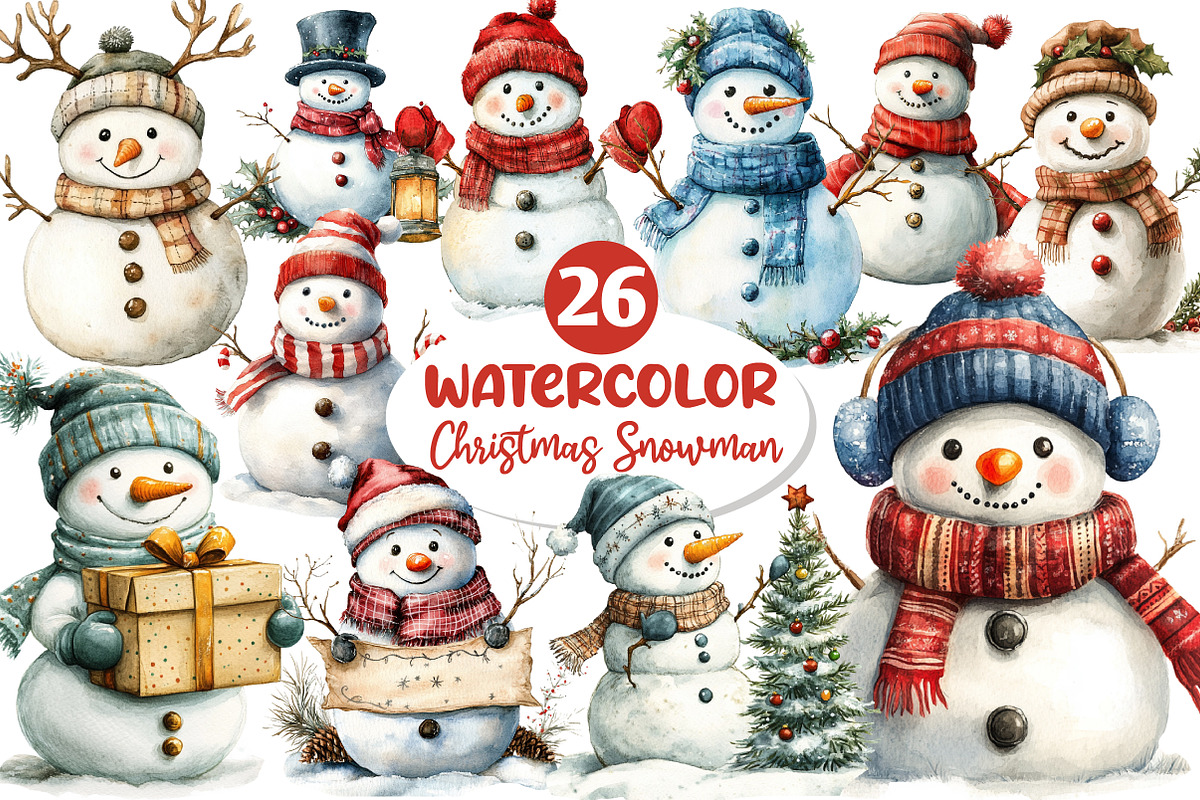 Watercolor Christmas Snowman Clipart, an Illustration by Dream Creation (Photo 1 of 6)
