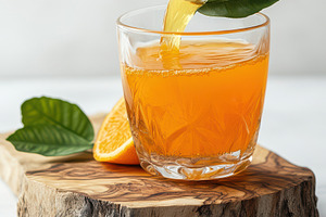 Orange juice pouring into glass on w, a Food & Drink Photo by Pixeness Studio