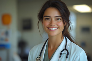 Smiling young female doctor with a stethoscope, showcasing warmth and professio, a Person Photo by ImageMir