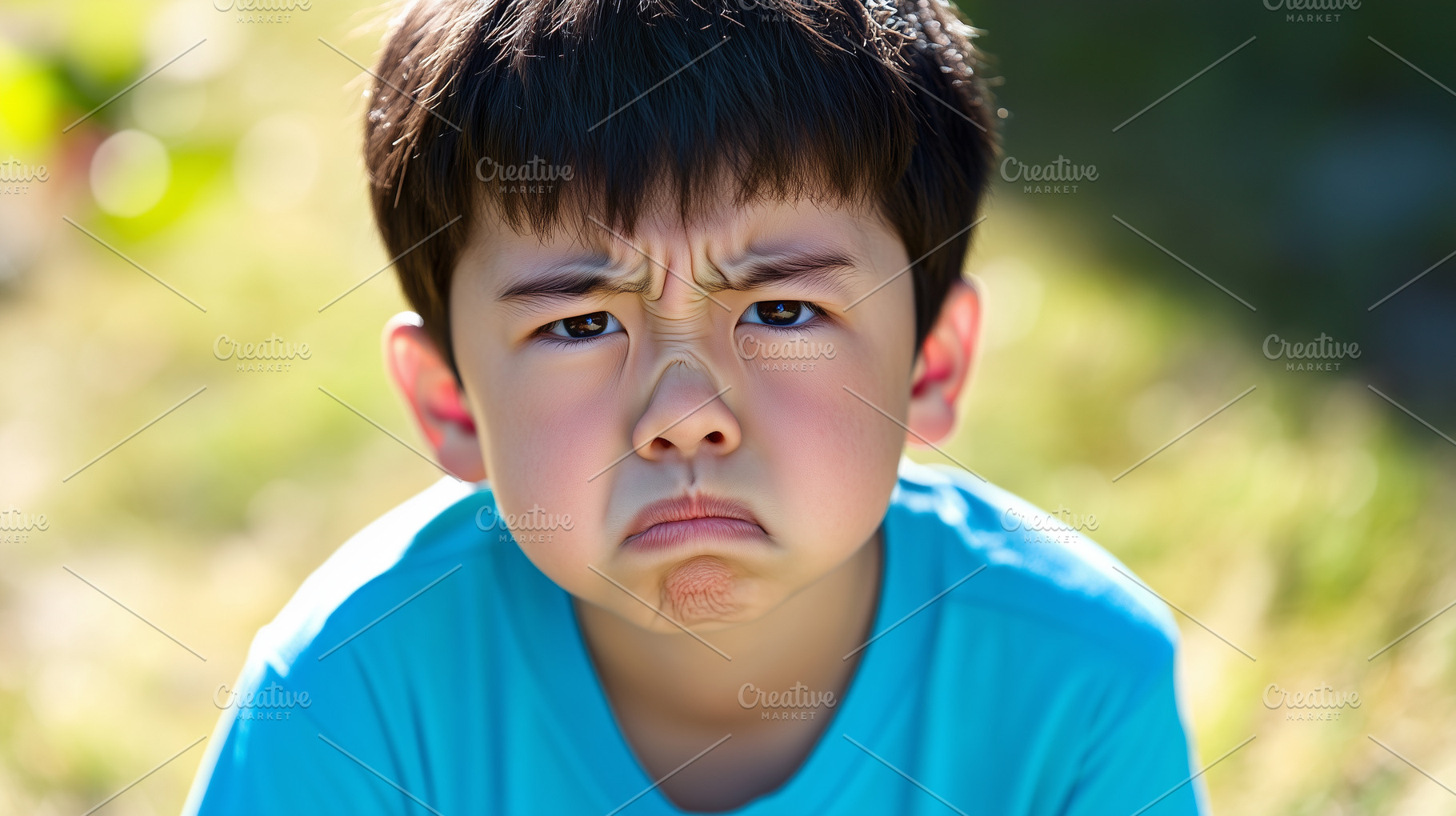Asian boy in a blue shirt grumpy, a Person Photo by MistyDay