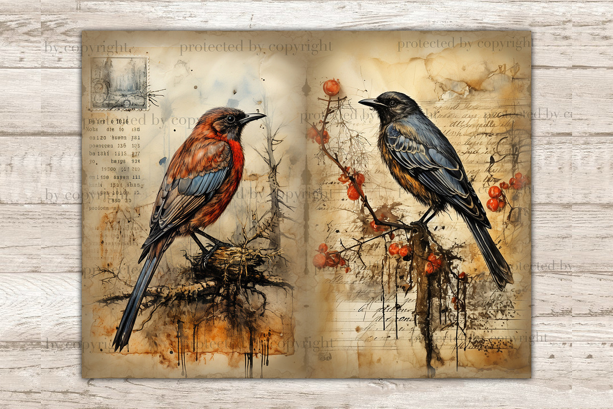 Vintage Birds Junk Journal Pages, an Animal Illustration by GlamArtZhanna (Photo 8 of 9)