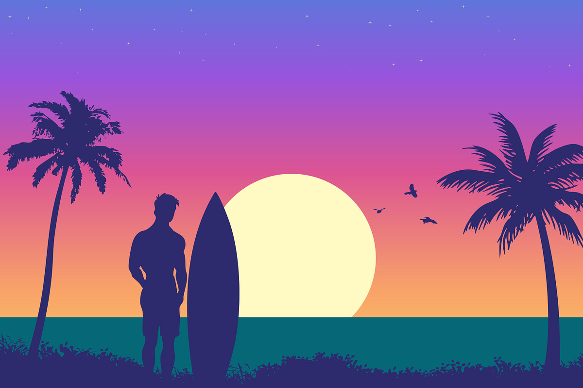A Surfer Stands On The Beach, a Person Illustration by Saba Vector