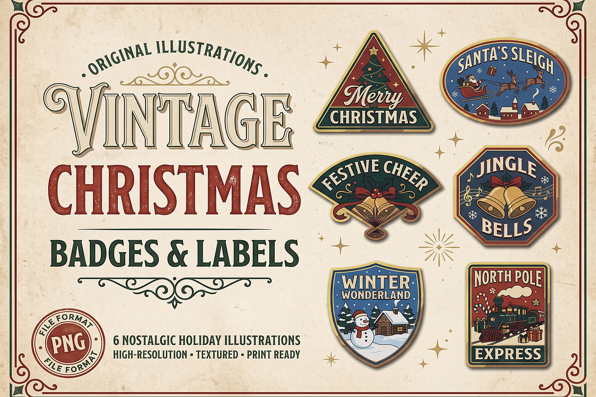 Vintage Christmas Badge PNG Set, an Object Graphic by NH graphic (Photo 1 of 3)