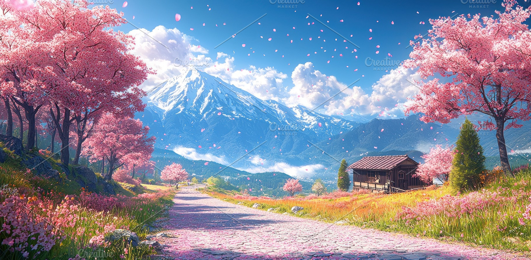 Cherry blossom trees lining a mountain path with falling petals,, a Person Photo by José Manuel Gelpi
