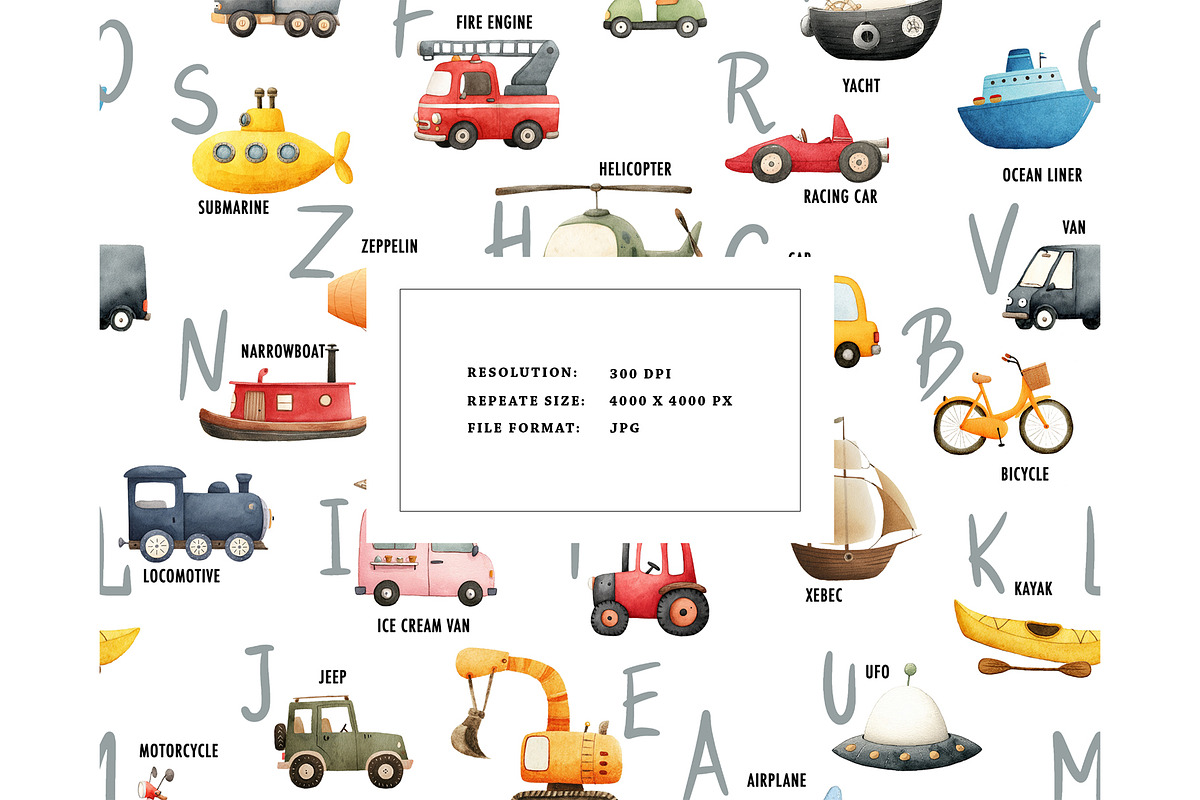 Learning letters A to Z cars pattern, a Pattern Graphic by Milatoo (Photo 3 of 3)
