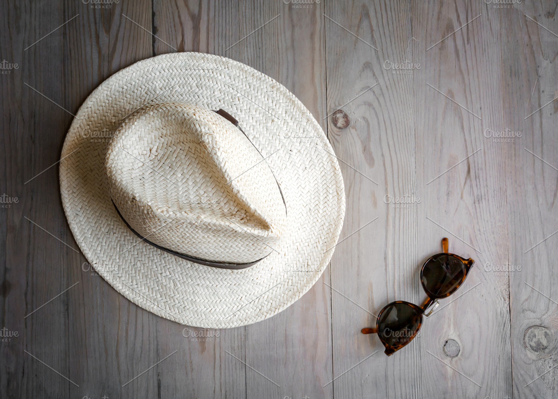 Straw hat and sunglasses containing hat, straw hat, and panama hat