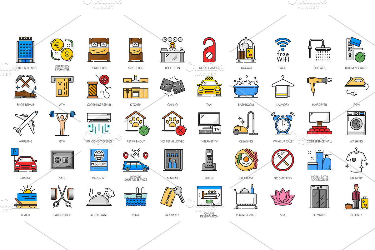 Hotel service color line icons, an Object Illustration by Vector Tradition