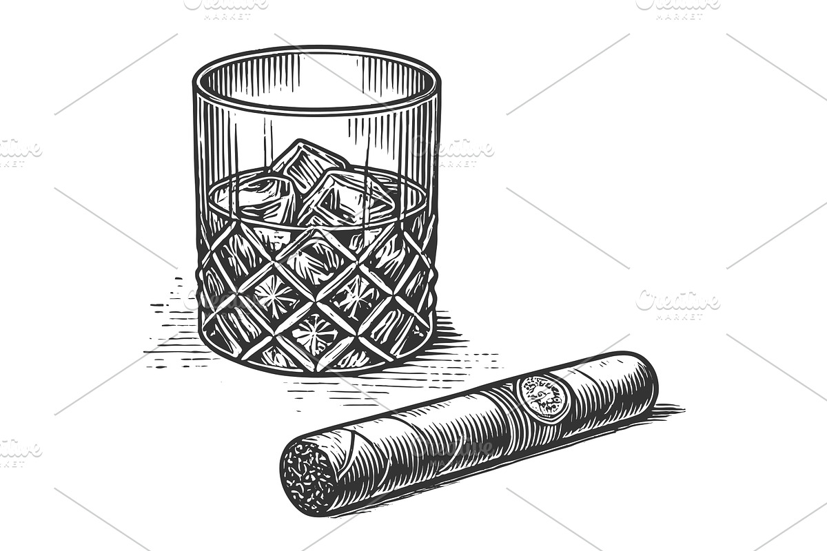 Cigar and Whiskey Glass engraving, a Food Illustration by AlexArt