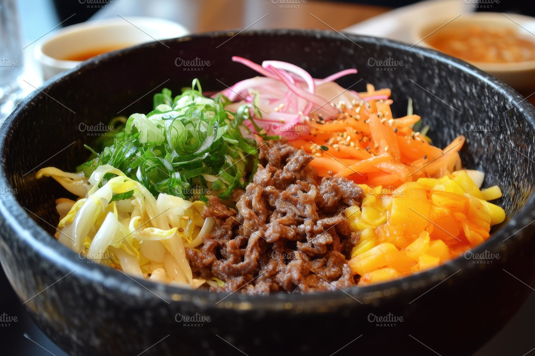 Delicious bibimbap served in a stone, a Photo by Tanuart