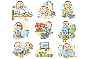 Daily activities of a cartoon man, an Illustration by Bubert Art