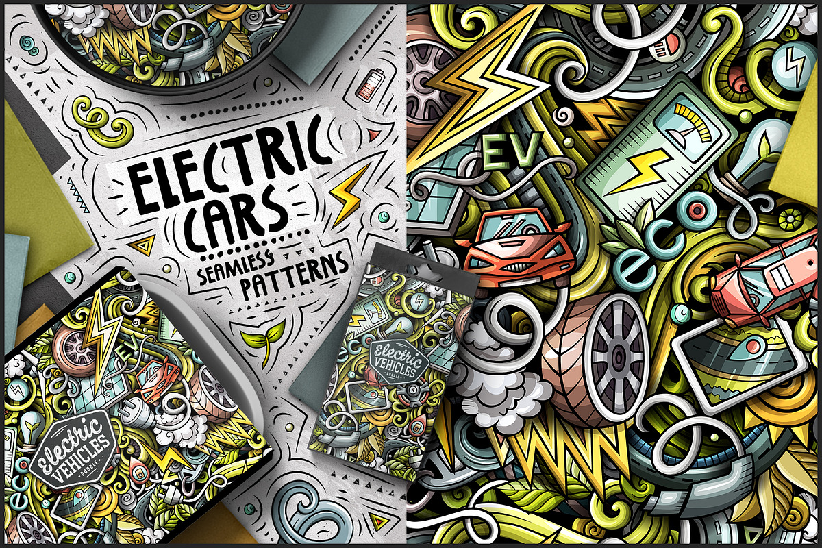 7 Electric Cars Seamless Patterns, a Pattern Graphic by BALABOLKA