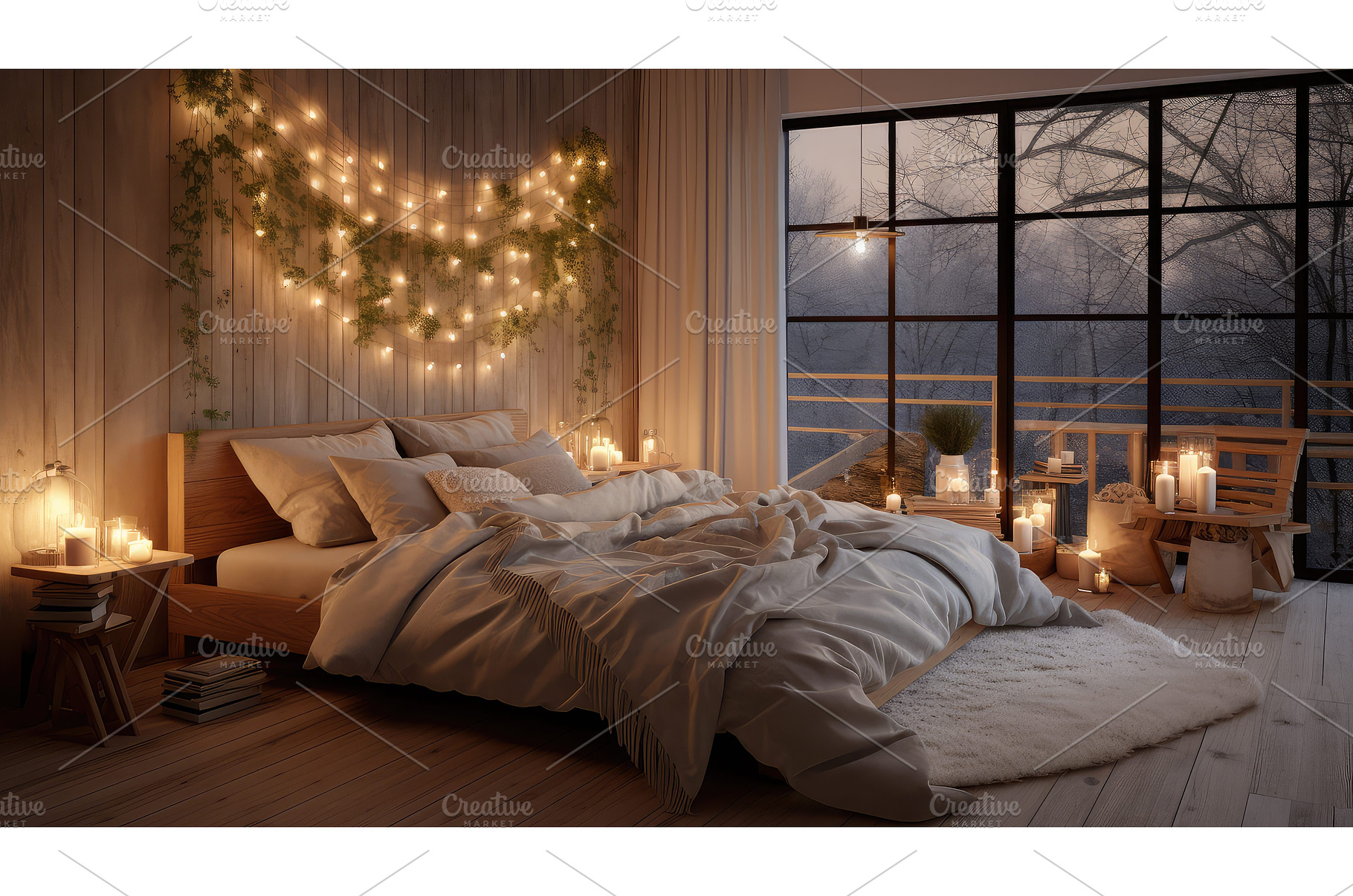 headboard string lights wood ai, a Beauty & Fashion Photo by pikepicture