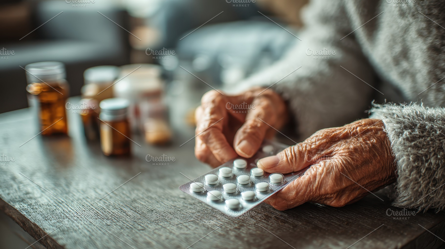 Elderly hands holding medication pil, a Photo by Pixeness Studio