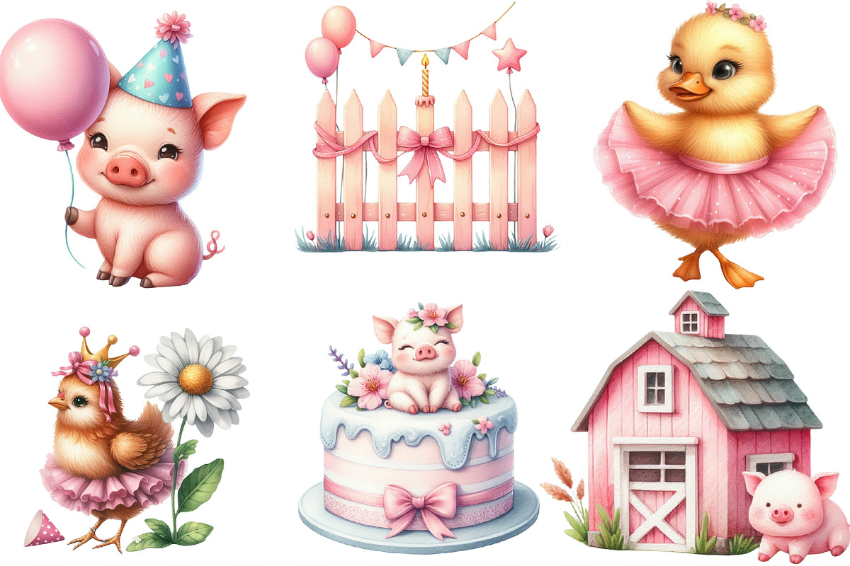 Watercolor Cute Farm Birthday PNG, an Illustration by Designking (Photo 2 of 4)