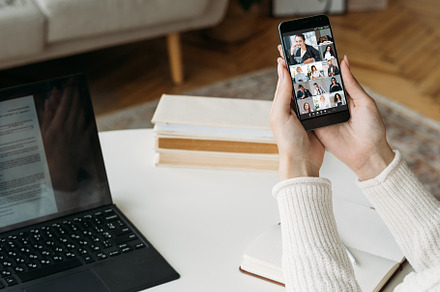 online webinar video lesson business team on phone, a Business Photo by Photo Drive Studio