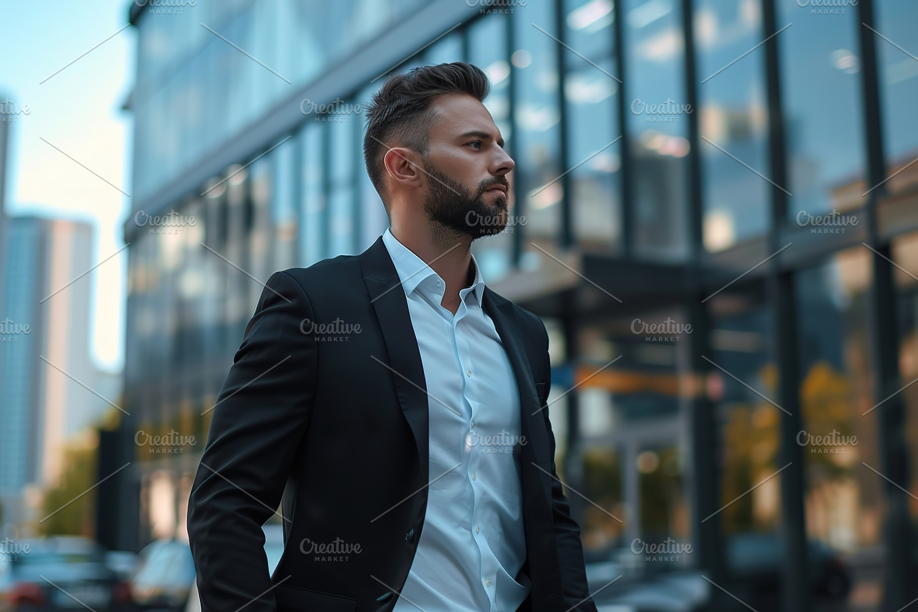 Confident businessman walking against blurred business building background, a Person Photo by AlyaAnd