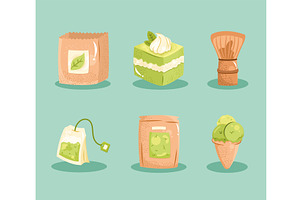 six matcha tea icons, a Food Illustration by studiogstock