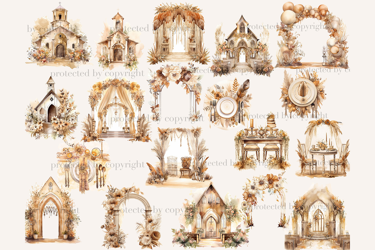 Boho Wedding Scenes Clipart, a Decorative Illustration by GlamArtZhanna (Photo 2 of 5)