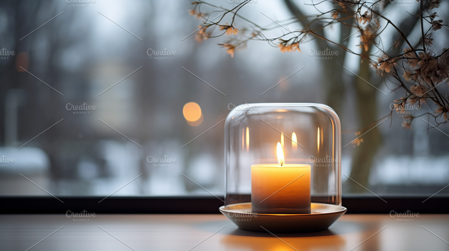 Candle in a glass candleholder on a windowsill, with winter land, a Holiday Photo by Studio Light & Shade